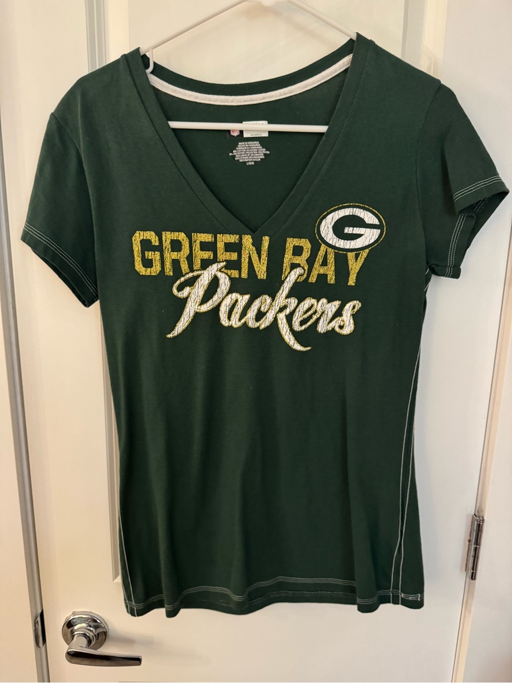 Green Bay Packers V-Neck Tee - Dark Green & Yellow. Size Large.